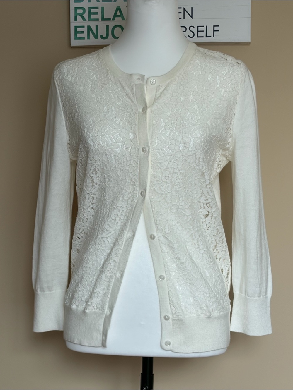 LOFT Cream Lace Front Button Cardigan